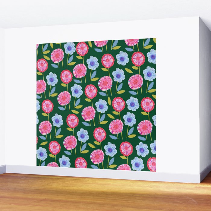 Folky Flowers in Bloom in Green & Pink Wall Mural Gallery Image 2