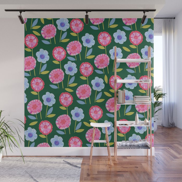 Folky Flowers in Bloom in Green & Pink Wall Mural Gallery Image 1