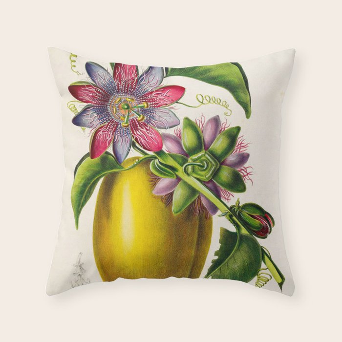 Passionflower and passionfruit from "Flore dâAmÃ©rique" by Ãtienne Denisse, 1840s Throw Pillow Gallery Image 1