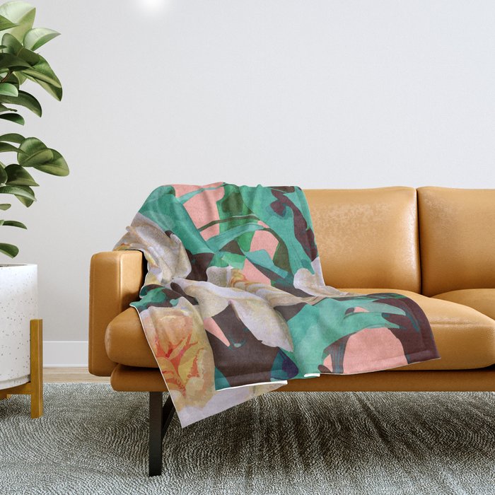 Tropical & White Blossom #painting #tropical #botanical Throw Blanket Gallery Image 1
