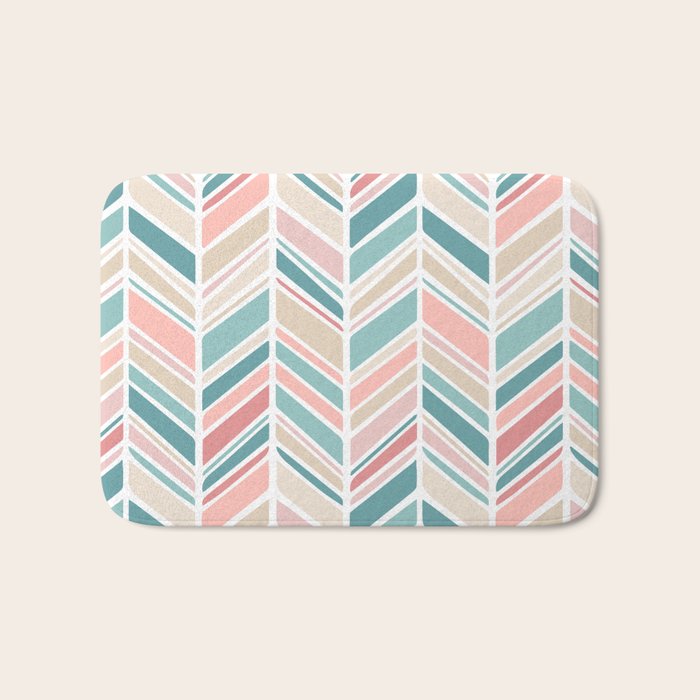 Herringbone Pattern - Cream Coral and Teal Bath Mat Gallery Image 1
