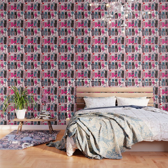 Feline Christmas vibes // pastel pink background green fuchsia pink white and black kittens Wallpaper Gallery Image 3