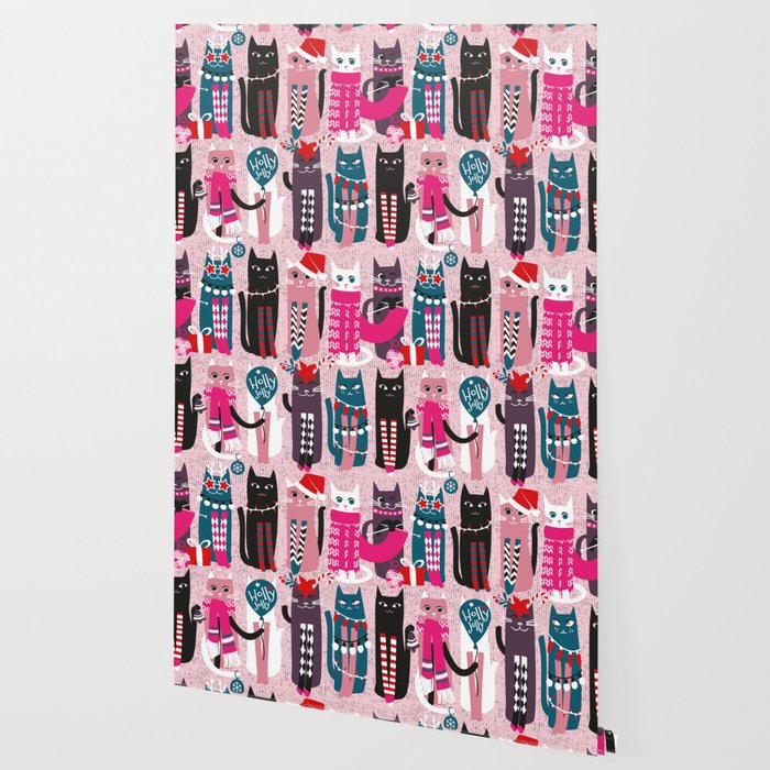 Feline Christmas vibes // pastel pink background green fuchsia pink white and black kittens Wallpaper Gallery Image 2
