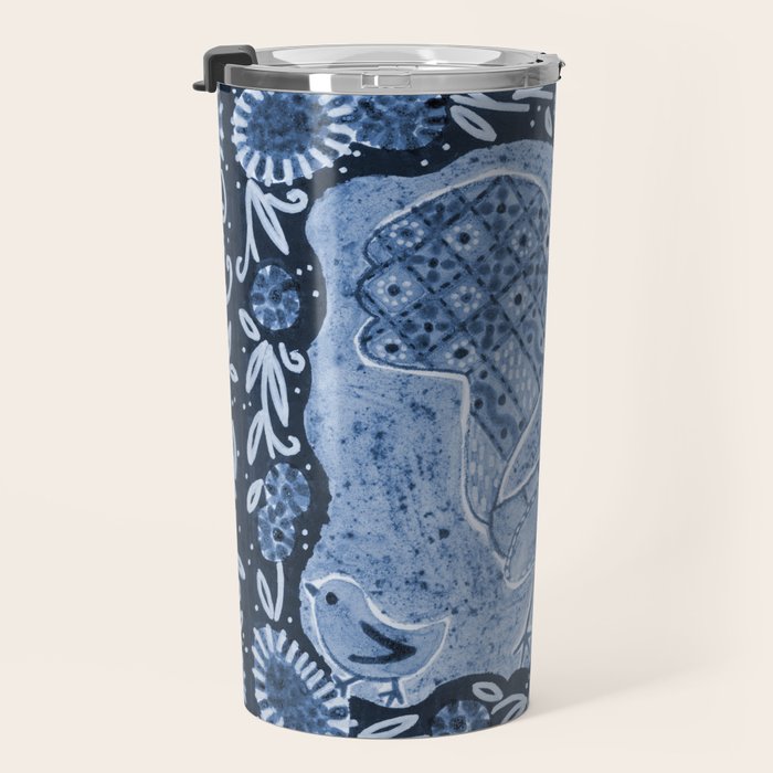 Rooster Painting in Navy Blue - Folk Art Style Travel Mug Gallery Image 3
