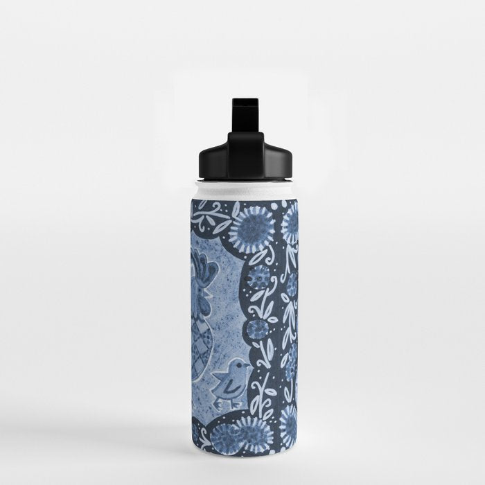 Rooster Painting in Navy Blue - Folk Art Style Water Bottle Gallery Image 2