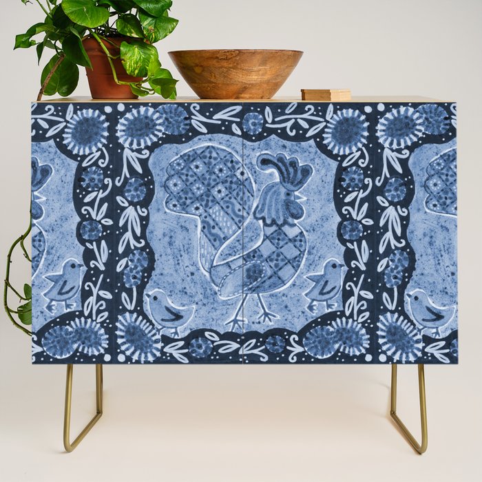 Rooster Painting in Navy Blue - Folk Art Style Credenza Gallery Image 1