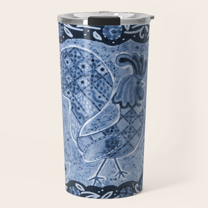 Rooster Painting in Navy Blue - Folk Art Style Travel Mug Gallery Image 1