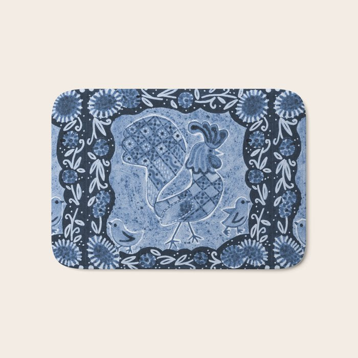 Rooster Painting in Navy Blue - Folk Art Style Bath Mat Gallery Image 1