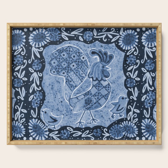 Rooster Painting in Navy Blue - Folk Art Style Serving Tray Gallery Image 1