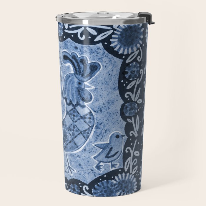Rooster Painting in Navy Blue - Folk Art Style Travel Mug Gallery Image 2
