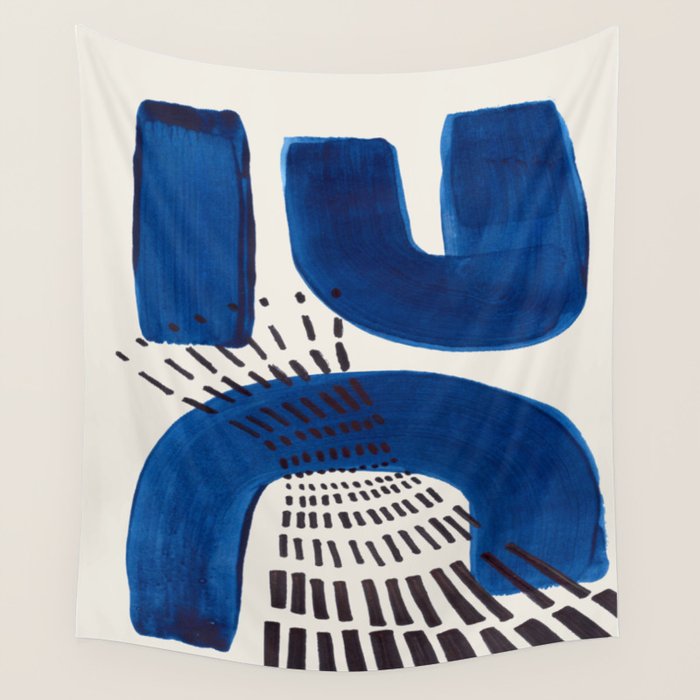 Colorful Mid Century Modern Abstract Fun Shapes Patterns Navy Blue Abstract Expressionism Wall Tapestry Gallery Image 4