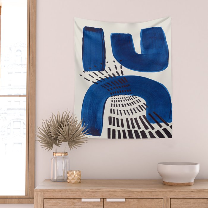 Colorful Mid Century Modern Abstract Fun Shapes Patterns Navy Blue Abstract Expressionism Wall Tapestry Gallery Image 2