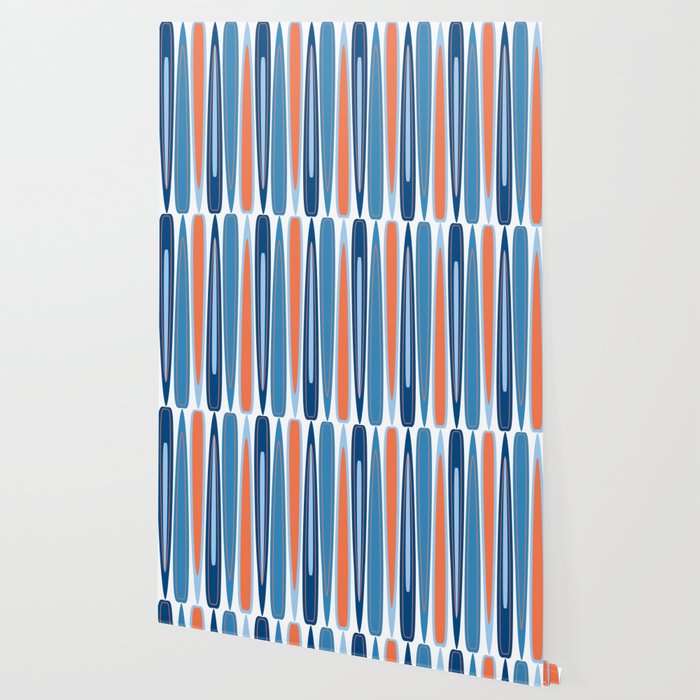 Mid Century Modern Vintage Inspired Stripes in Classic Blues and Muted Orange Wallpaper Gallery Image 2