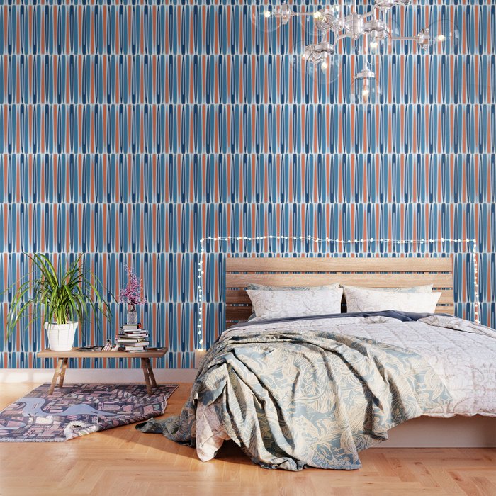Mid Century Modern Vintage Inspired Stripes in Classic Blues and Muted Orange Wallpaper Gallery Image 1