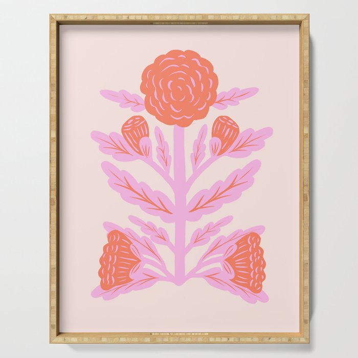 Pink and Red Flower Block Print Illustration Serving Tray Gallery Image 1
