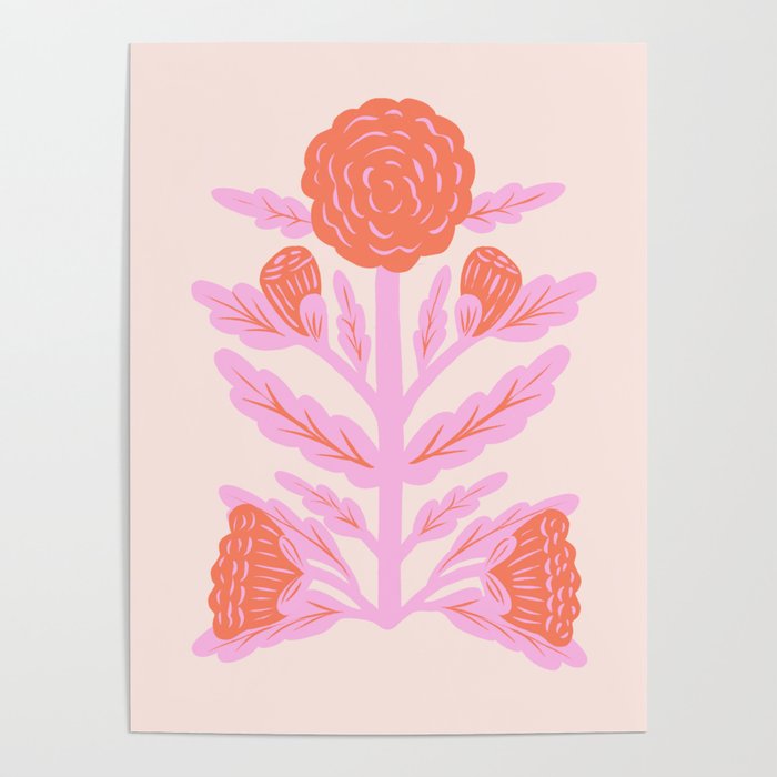 Pink and Red Flower Block Print Illustration Poster Gallery Image 4