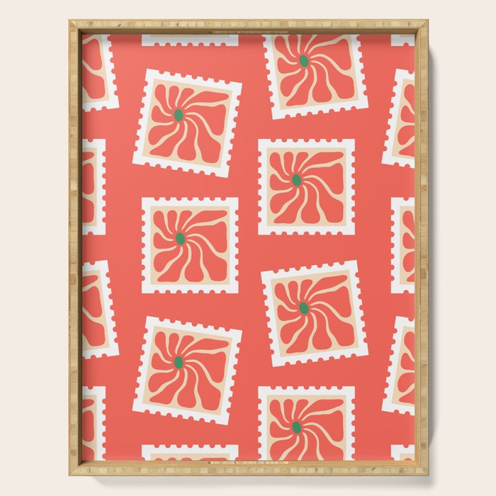 Vintage flower postage stamp pattern Serving Tray Gallery Image 1