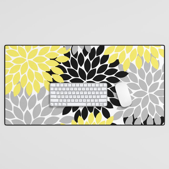 Yellow Black Gray Flower Burst Floral Pattern Desk Mat Gallery Image 1