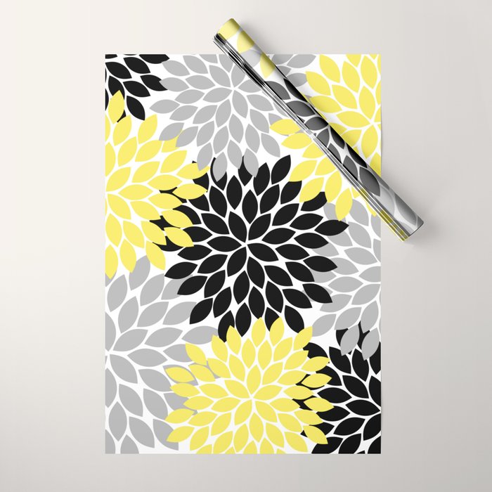Yellow Black Gray Flower Burst Floral Pattern Wrapping Paper
