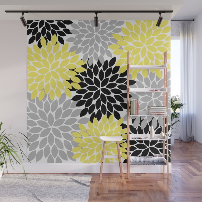Yellow Black Gray Flower Burst Floral Pattern Wall Mural Gallery Image 1