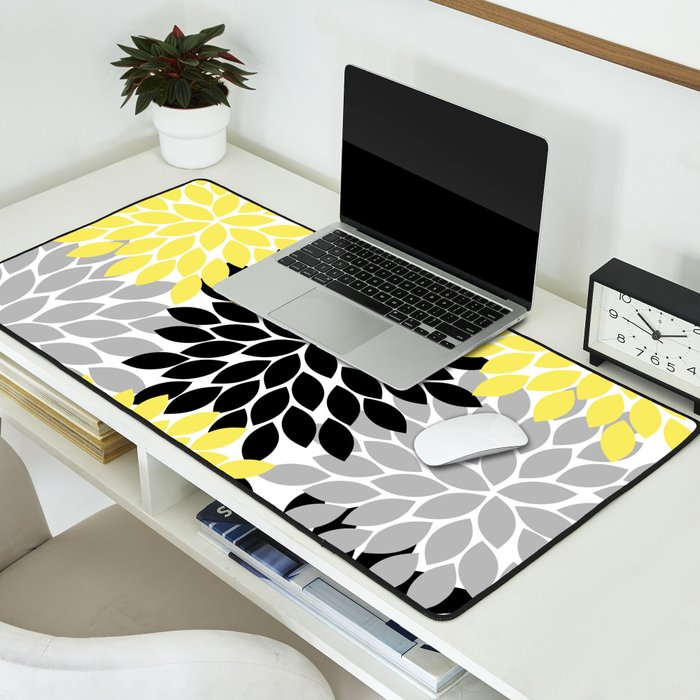 Yellow Black Gray Flower Burst Floral Pattern Desk Mat Gallery Image 2