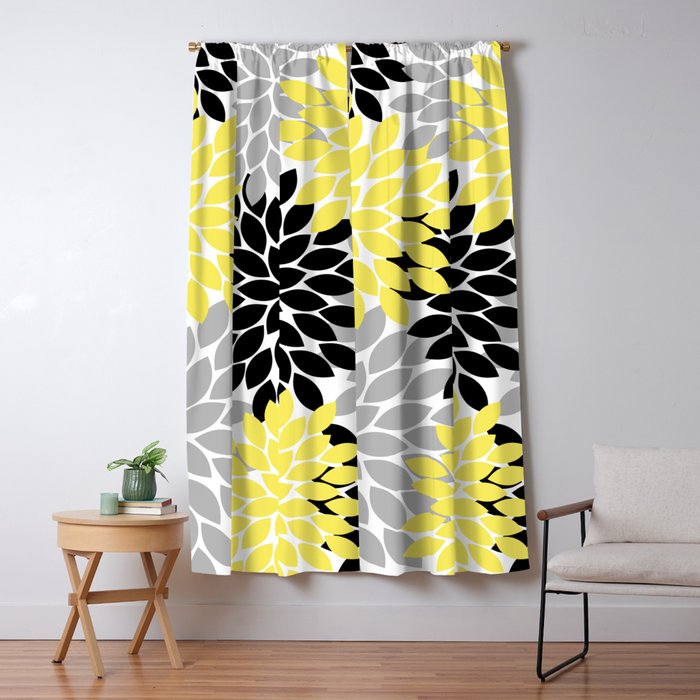 Yellow Black Gray Flower Burst Floral Pattern Window Curtain Gallery Image 1