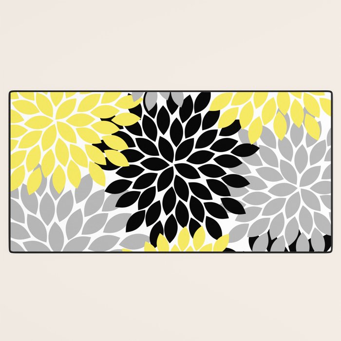 Yellow Black Gray Flower Burst Floral Pattern Desk Mat Gallery Image 3