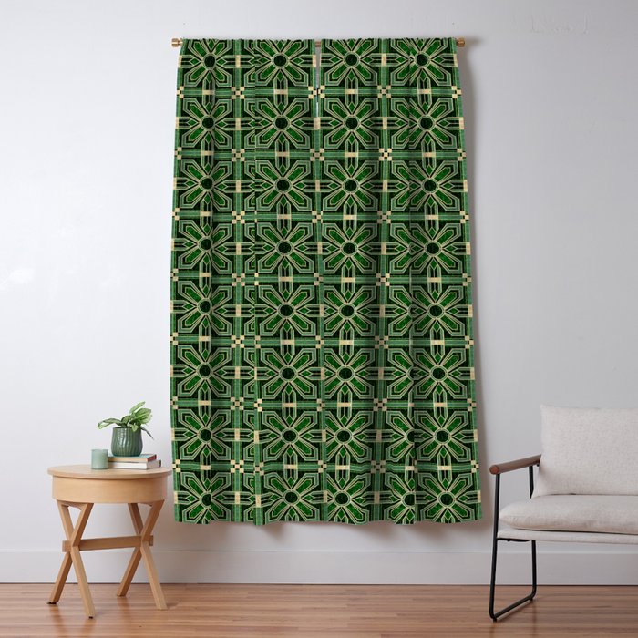 Art Deco Floral Tiles in Emerald Green and Faux Gold Window Curtain Gallery Image 5