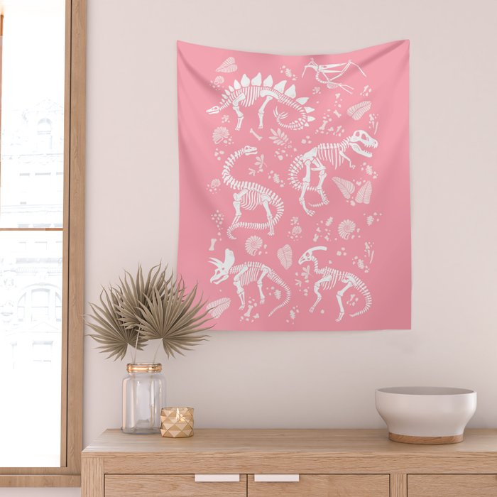 Excavated Dinosaur Fossils in Candy Pink Wall Tapestry Gallery Image 2