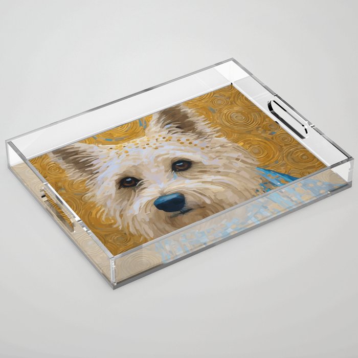 Gustav Klimt Style White Dog with Blue Costume Acrylic Tray Gallery Image 1