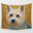 Gustav Klimt Style White Dog with Blue Costume Wall Tapestry Gallery Image 4