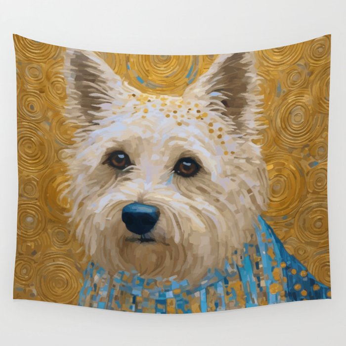 Gustav Klimt Style White Dog with Blue Costume Wall Tapestry Gallery Image 4