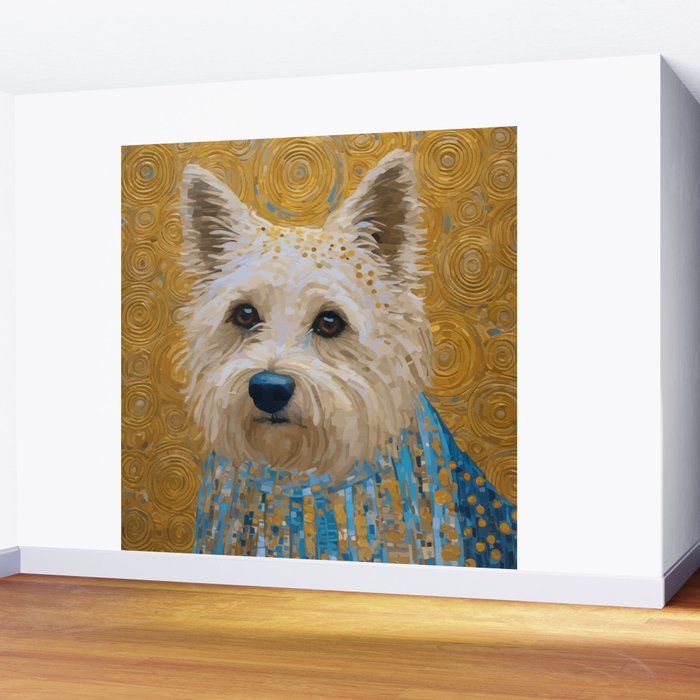 Gustav Klimt Style White Dog with Blue Costume Wall Mural Gallery Image 2