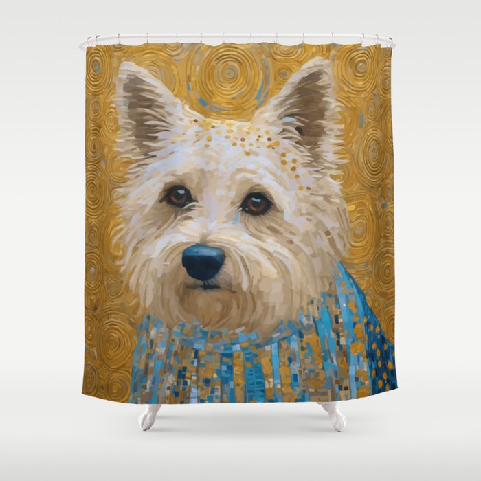 Gustav Klimt Style White Dog with Blue Costume Shower Curtain Gallery Image 1