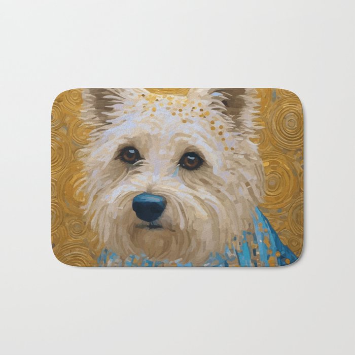 Gustav Klimt Style White Dog with Blue Costume Bath Mat Gallery Image 1