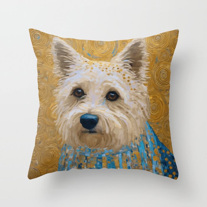 Gustav Klimt Style White Dog with Blue Costume Throw Pillow Gallery Image 6