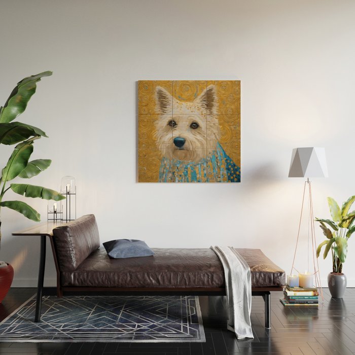 Gustav Klimt Style White Dog with Blue Costume Wood Wall Art Gallery Image 2