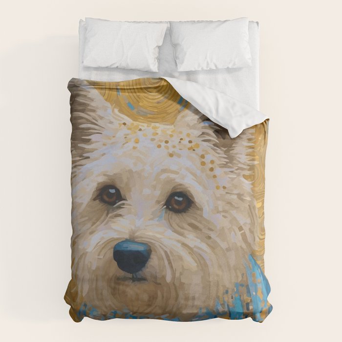 Gustav Klimt Style White Dog with Blue Costume Duvet Cover Gallery Image 1