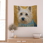 Gustav Klimt Style White Dog with Blue Costume Wall Tapestry Gallery Image 2