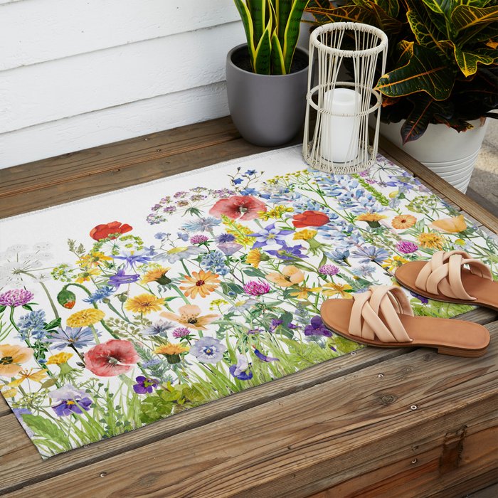 Colorful Midsummer Scandinavian Wildflowers Meadow  Outdoor Rug Gallery Image 2