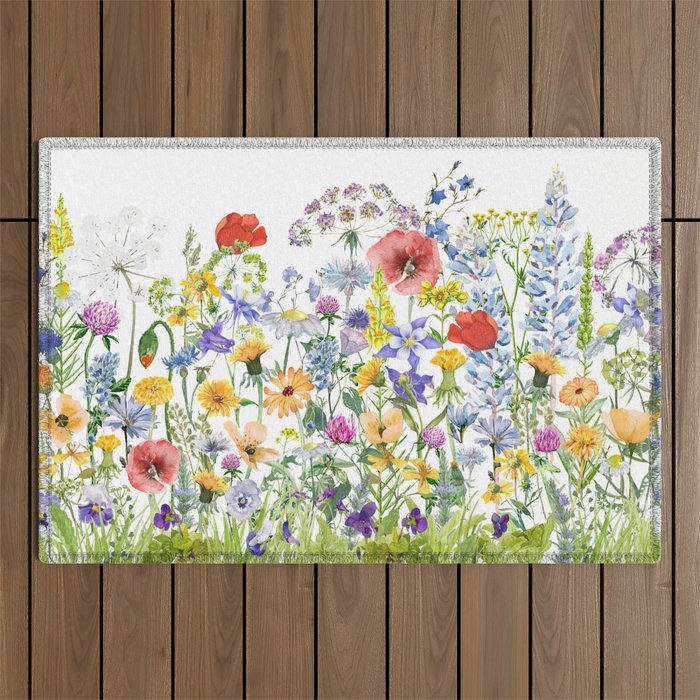 Colorful Midsummer Scandinavian Wildflowers Meadow  Outdoor Rug Gallery Image 1