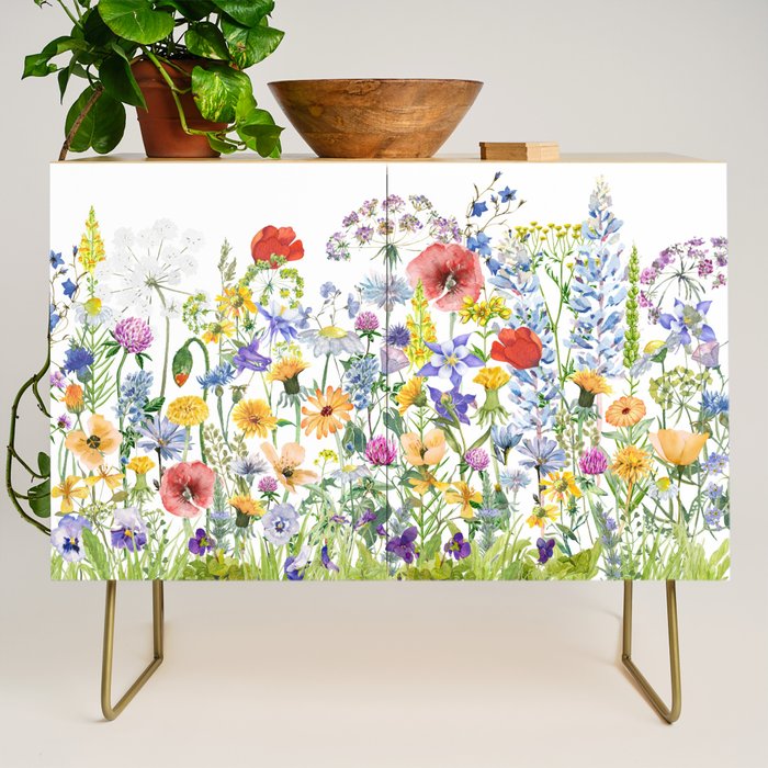Colorful Midsummer Scandinavian Wildflowers Meadow  Credenza Gallery Image 1