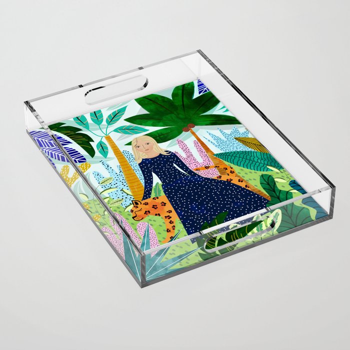 African Safari, Colorful Tropical Jungle Travel, Botanical Watercolor, Blonde Woman with a Leopard Acrylic Tray Gallery Image 1