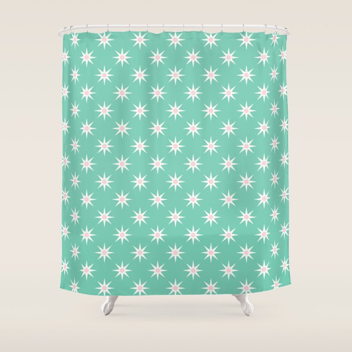 Northern Winter Star Festive Grid Pink White and Mint Green Shower Curtain Gallery Image 1