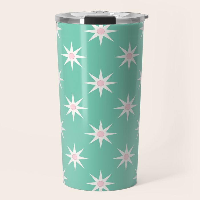 Northern Winter Star Festive Grid Pink White and Mint Green Travel Mug Gallery Image 1