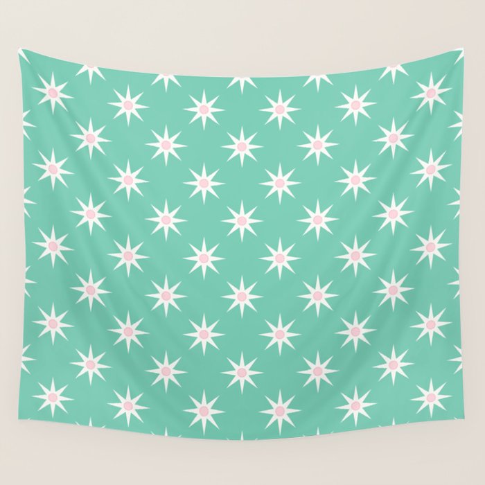 Northern Winter Star Festive Grid Pink White and Mint Green Wall Tapestry Gallery Image 1