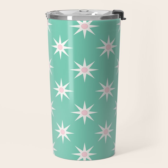 Northern Winter Star Festive Grid Pink White and Mint Green Travel Mug Gallery Image 2