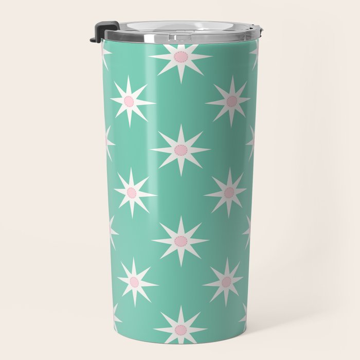 Northern Winter Star Festive Grid Pink White and Mint Green Travel Mug Gallery Image 3