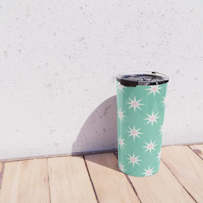 Northern Winter Star Festive Grid Pink White and Mint Green Travel Mug Gallery Image 4