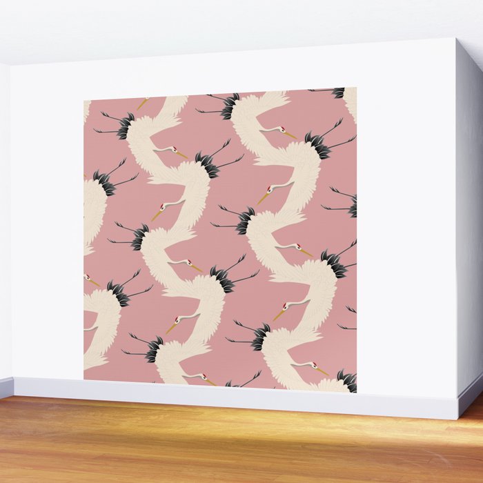 Pink Japanese Cranes Pattern Wall Mural Gallery Image 2